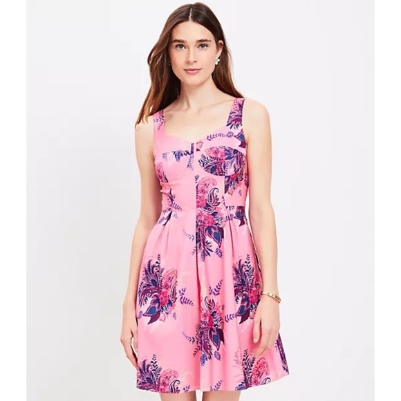 LOFT Paisley Corset Seamed Flare Summer Dress in Pink Multi Size 16 - Picture 2 of 15